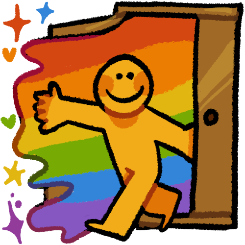  a happy emoji yellow person walking out of a closet and waving, with a wave of paint on the colors of the rainbow pride flag behind them